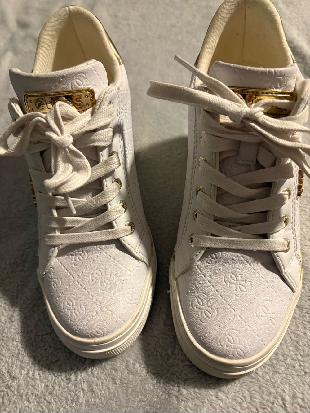 GUESS White Quilted Logo Lace-Up wedge Sneakers with Gold Accents